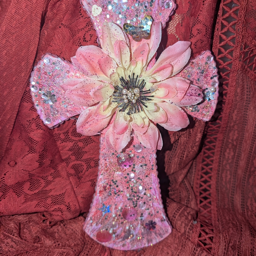 Pink Decorative Floral Cross Wall Art